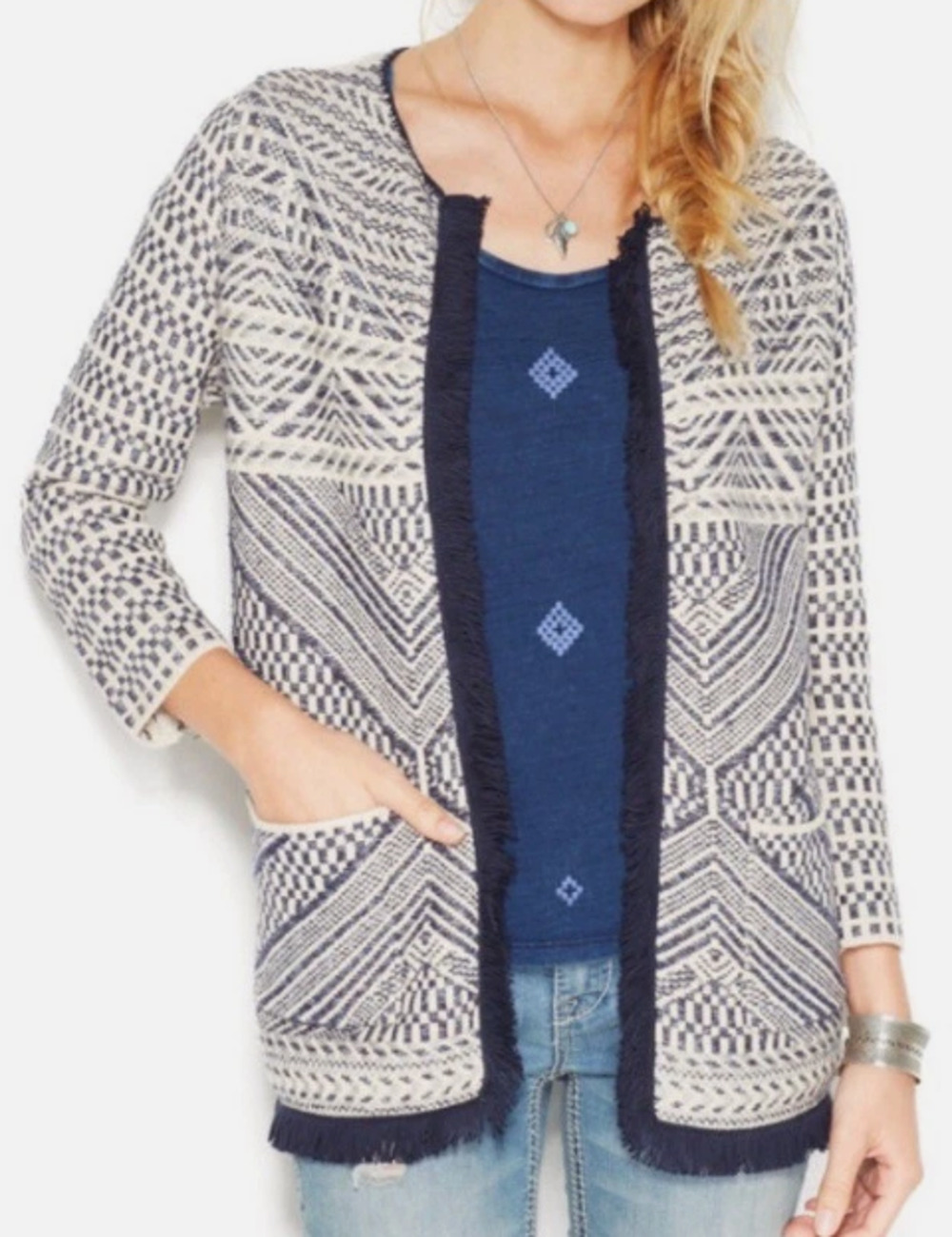 Lucky Brand Aztec Fringe Open Front Cardigan Navy Blue Cream Boho Southwest XL